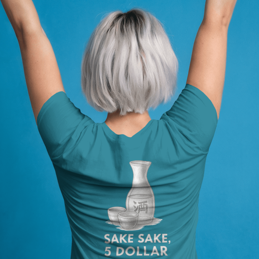 T-shirt ronde hals dames met grote print op achterkant / Sake sake, 5 dollar