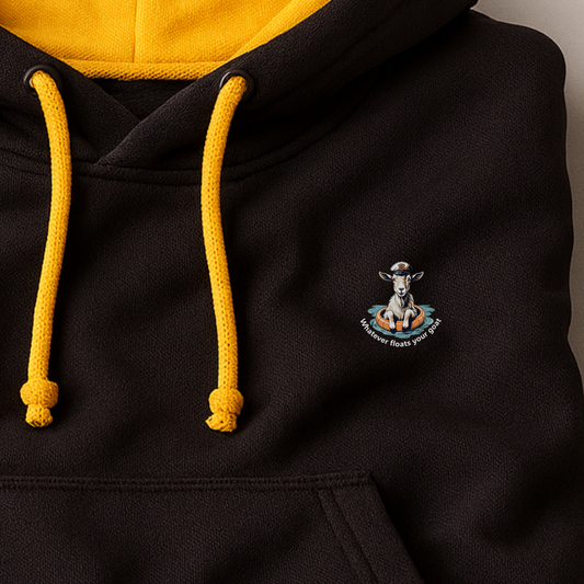 Hoodie multicolor unisex met grote print op achterkant / Whatever floats your goat