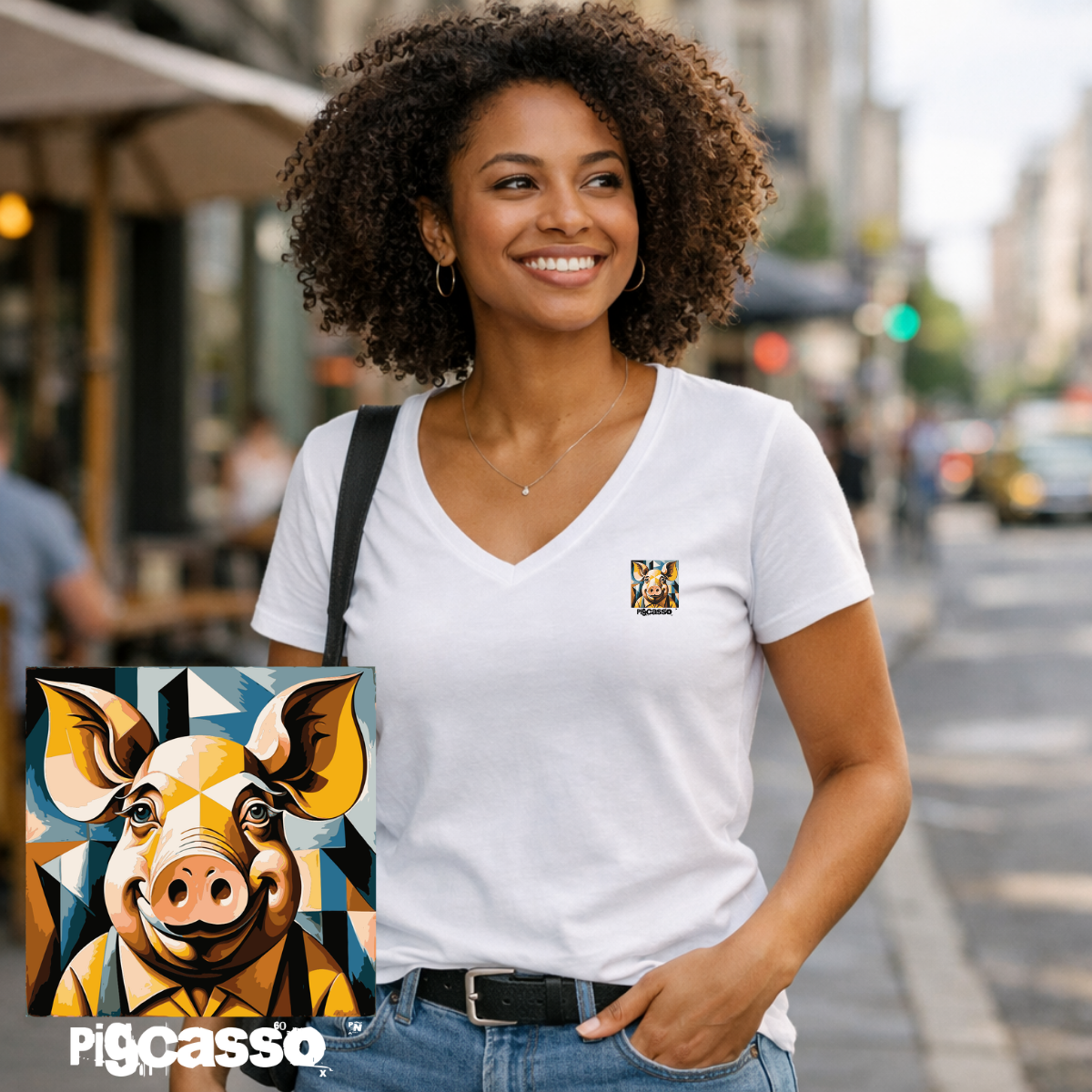 T-shirt dames V-hals - Pigcasso